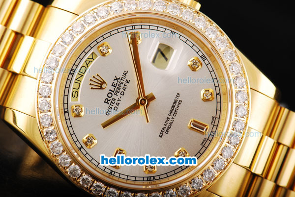 Rolex Day Date II Automatic Movement Full Gold with Diamond Bezel-Silver Dial and Diamond Markers - Click Image to Close